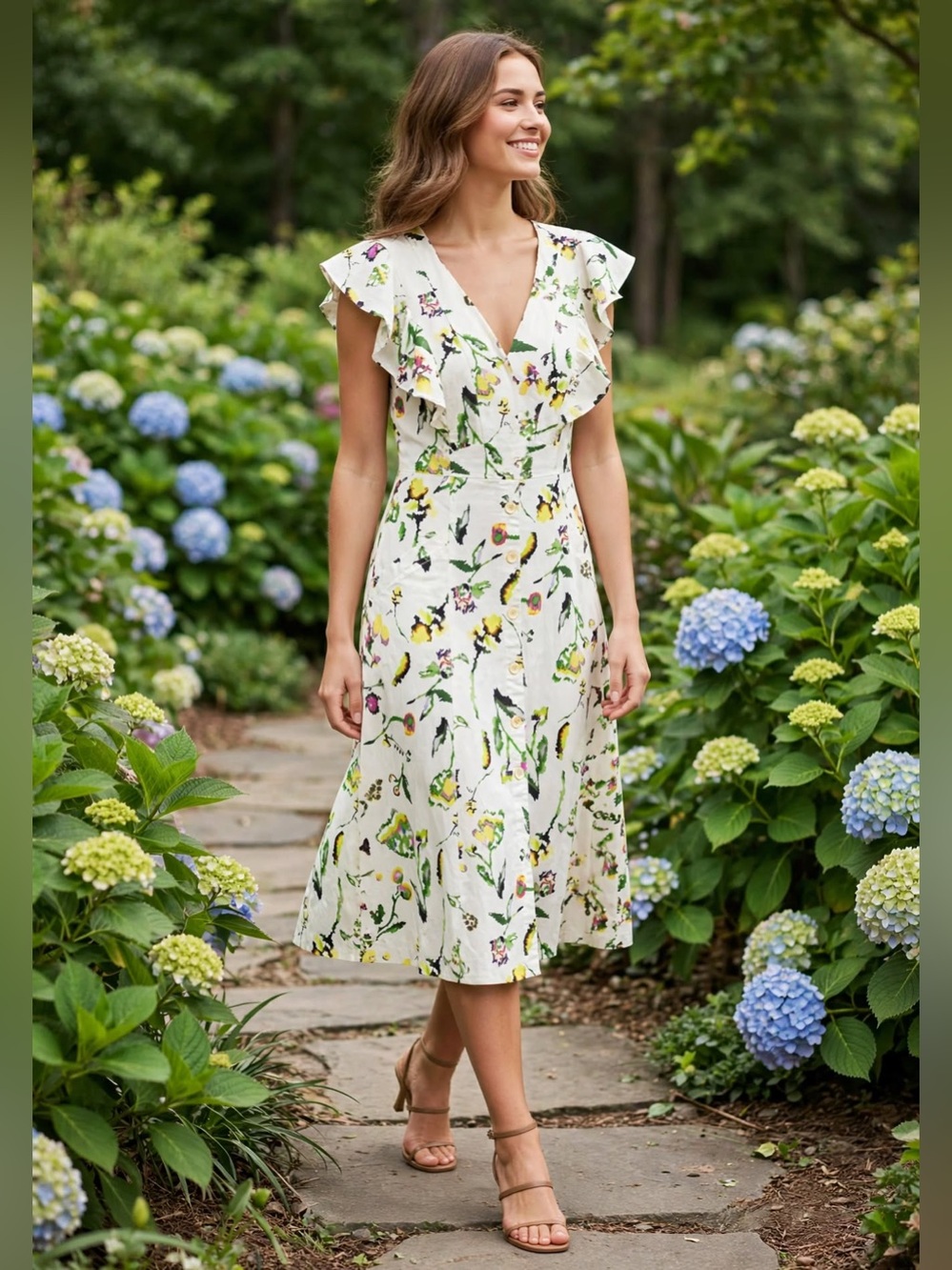 Tanya Taylor Floral Ruffle V-Neck Midi Dress in Cream size 6.